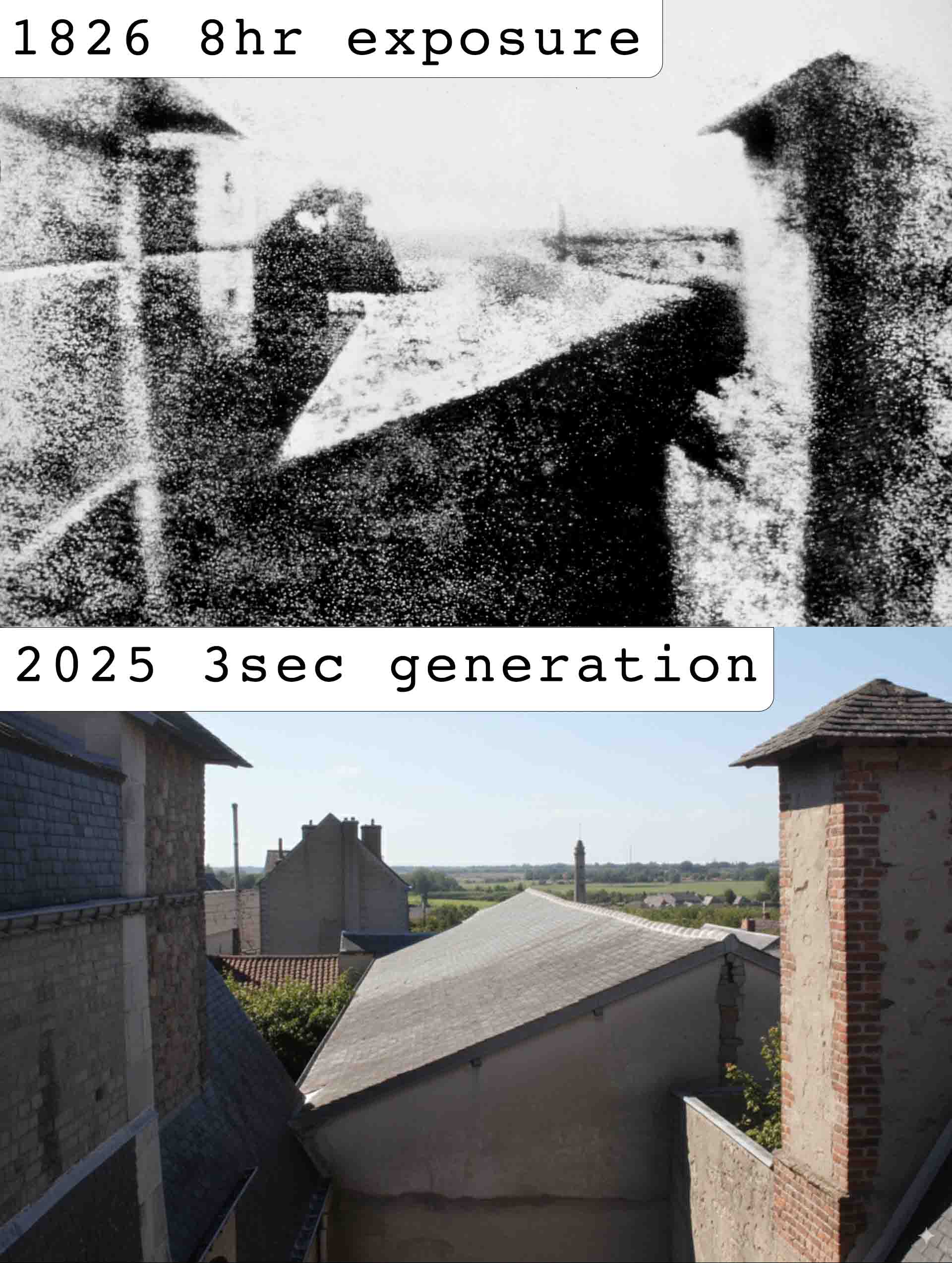 From 8 Hours to 3 Seconds: The First Photo vs. AI Two photographs are stacked vertically, showing the View from the Window at Le Gras. The top image is identified by the text 1826 8hr exposure. It is the first permanent photograph taken by Nicéphore Niépce. The bottom image, labeled 2025 3sec generation, is an AI generated image with the same view.