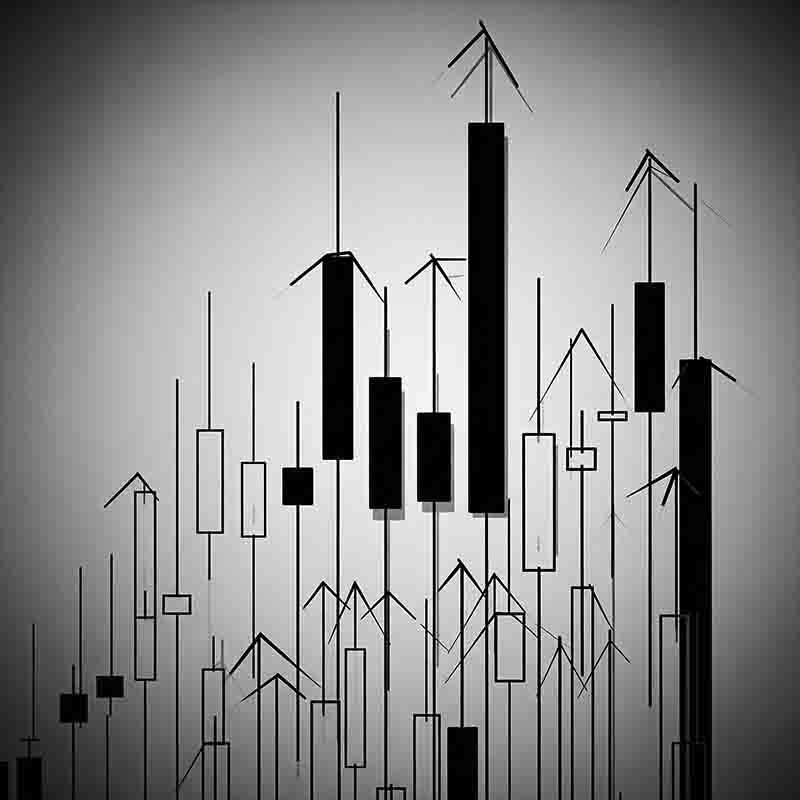 Black and white abstract illustration showing a collection of photgraphy investment Japanese candlestick charts, price bars, rising vertically.