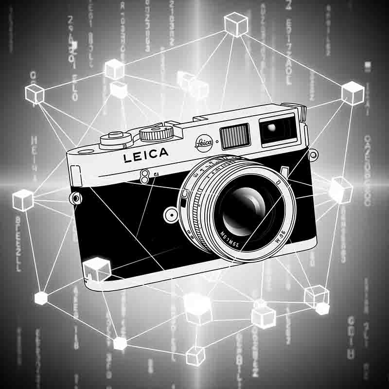 A black-and-white, stylized illustration of a vintage Leica rangefinder camera, centrally positioned. The camera is surrounded by a glowing network of geometric white lines connecting various floating white cubes, suggesting a digital or blockchain network.
