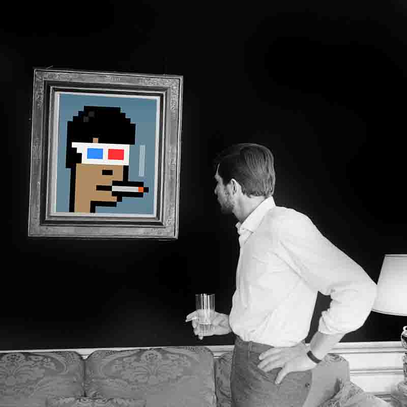 A man gazes thoughtfully at a digital artwork featuring a crypto punkt nft, contemplating the artistic expression and its implications.